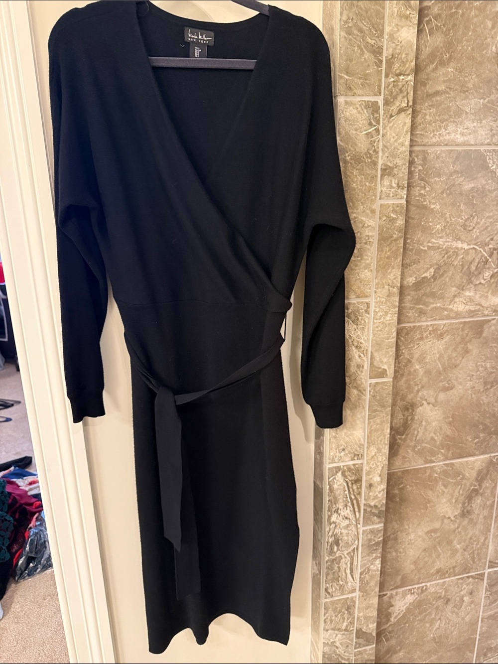 Black Wrap Knit Long Sleeve Dress with Self Tie -